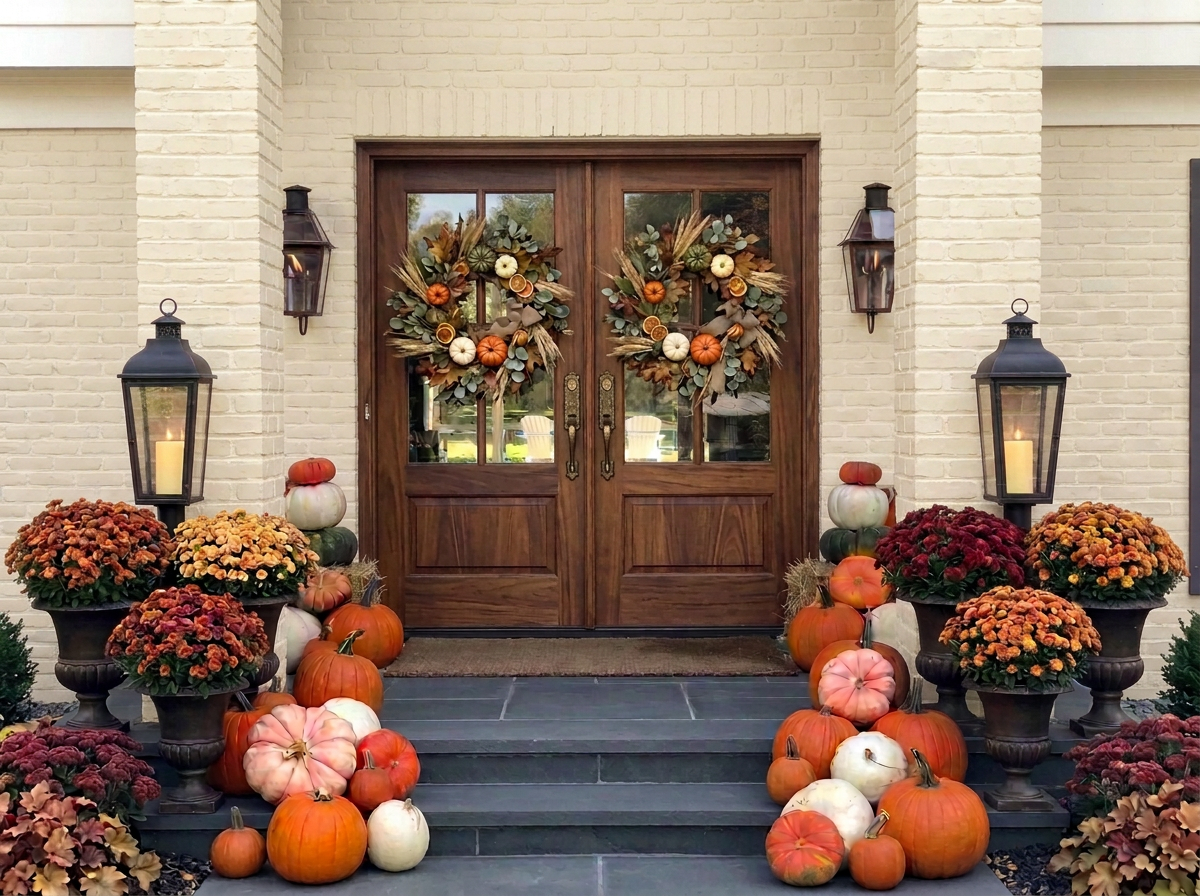A cream-brick entrance with wood double doors, fall wreaths, lanterns and layered orange, white and blush pumpkins with rust mums