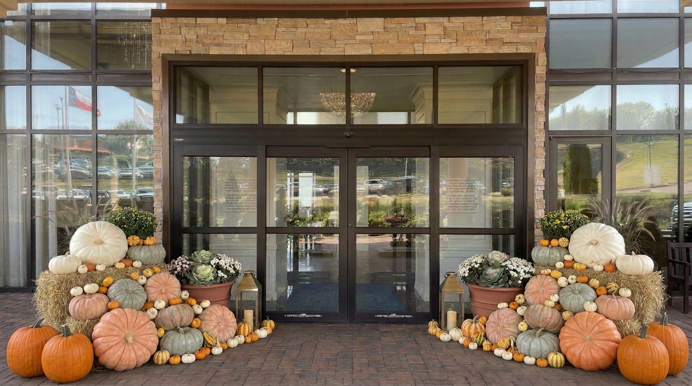 A wide symmetrical entrance styled with abundant groupings of large white, heirloom and orange pumpkins, hay bales, mums and lanterns