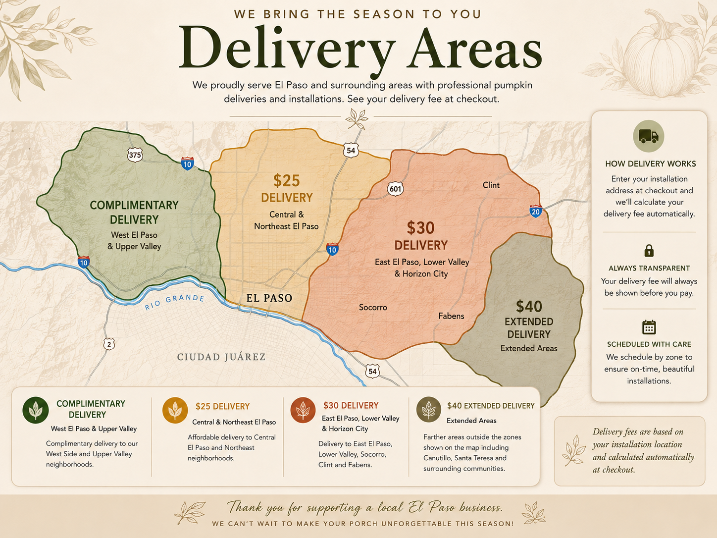 Porch in Seasons El Paso delivery zone map showing complimentary, $25, $30 and $40 delivery areas